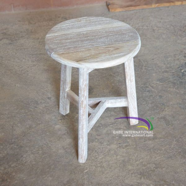 Teak round stool whitewashed seat detail