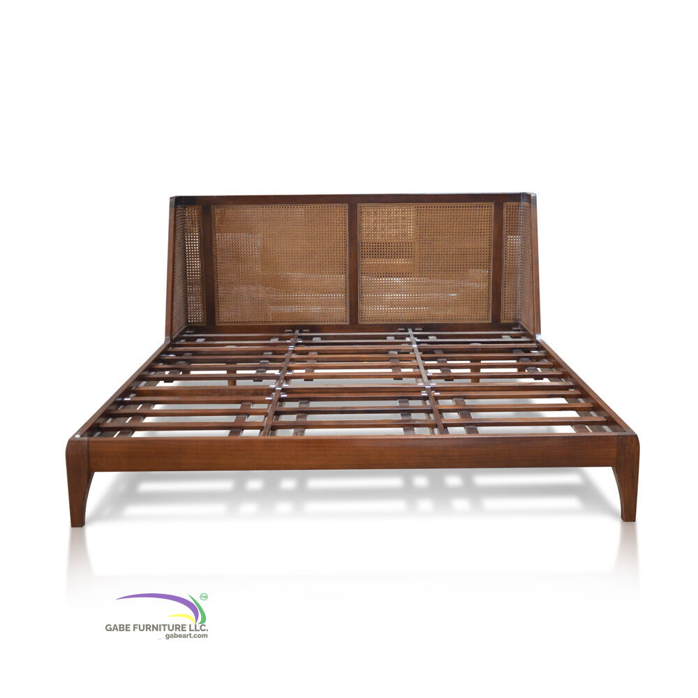 Bed Oblique Headboard In Teak Mattress Size 180x200 With Rattan Weaving A