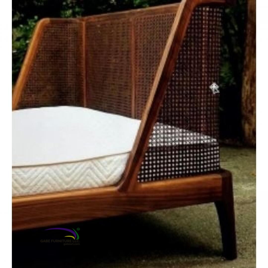 Bed Oblique Headboard In Teak Mattress Size 180x200 With Rattan Weaving C