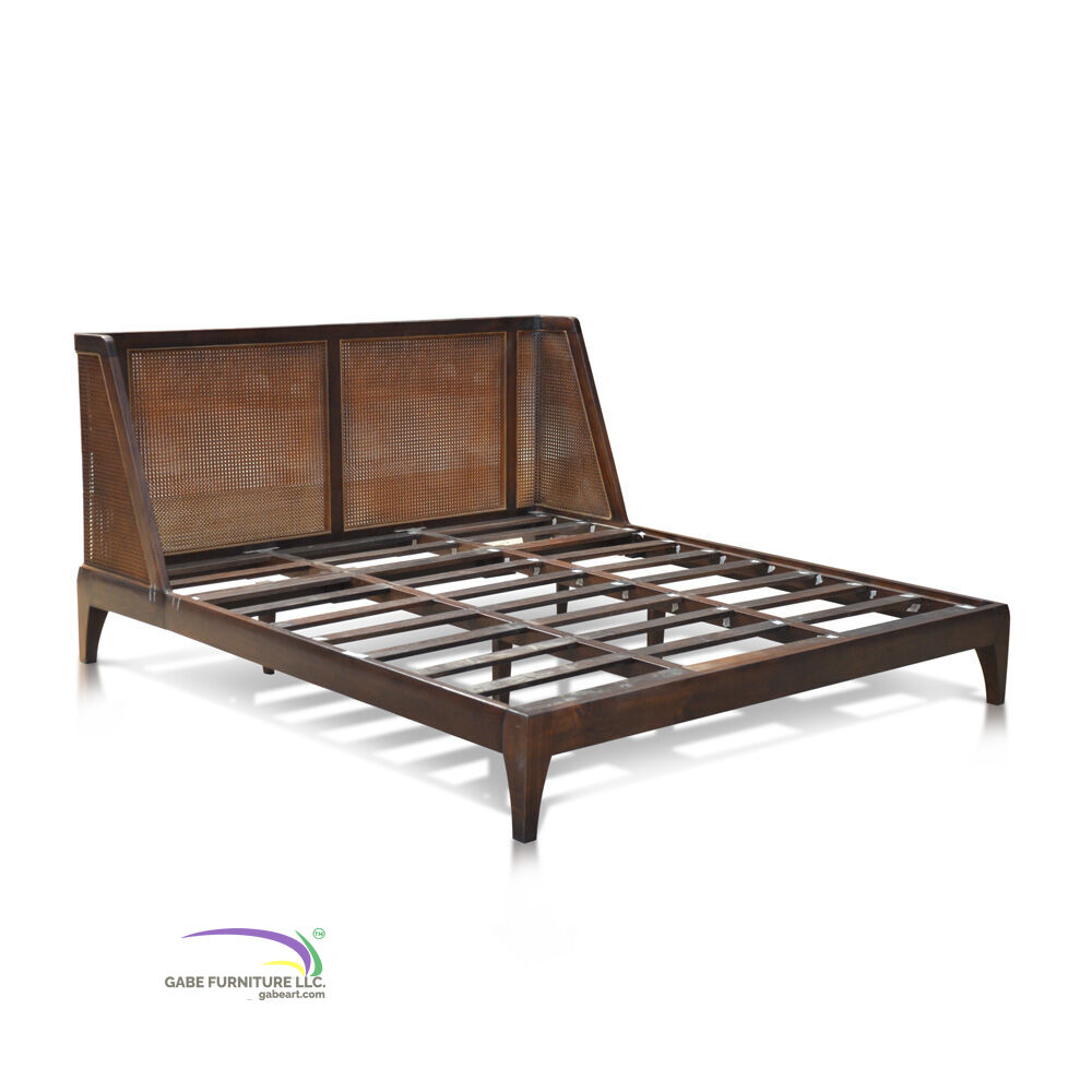 Bed Oblique Headboard In Teak Mattress Size 180x200 With Rattan Weaving D