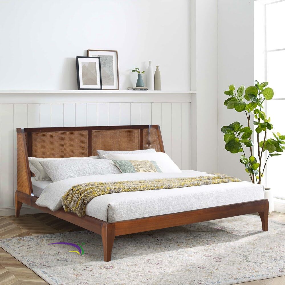 Bed Oblique Headboard In Teak Mattress Size 180x200 With Rattan Weaving