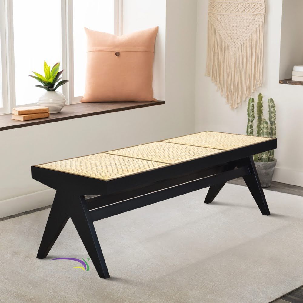 Bench Paris In Teak With Rattan - Black Colour