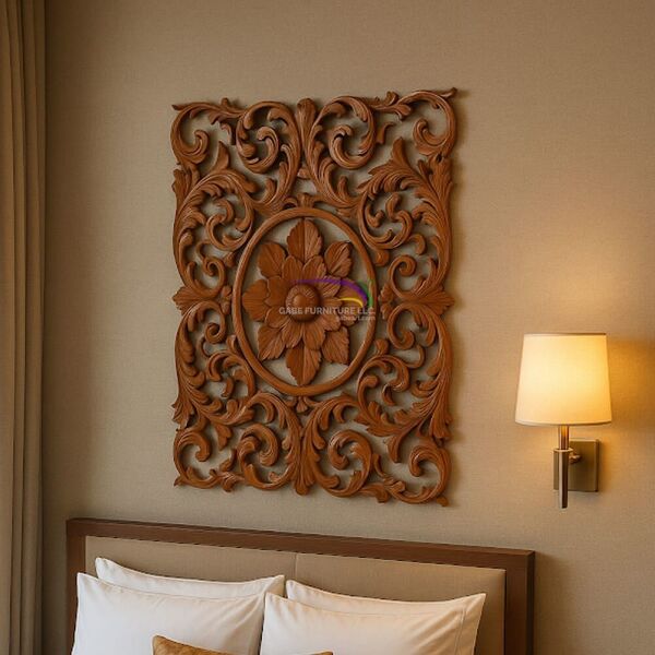 Hand-carved Floral Wall Panel – Mahogany Wood