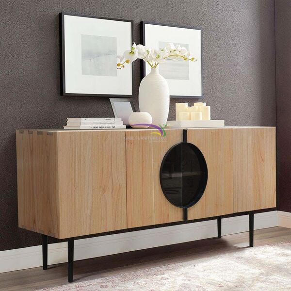 Modern Natural Wood Sideboard With Black Circle Glass Accent