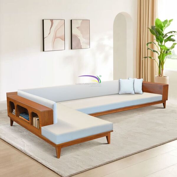Modern L-shaped Teak Wood Sofa With Integrated Side Storage