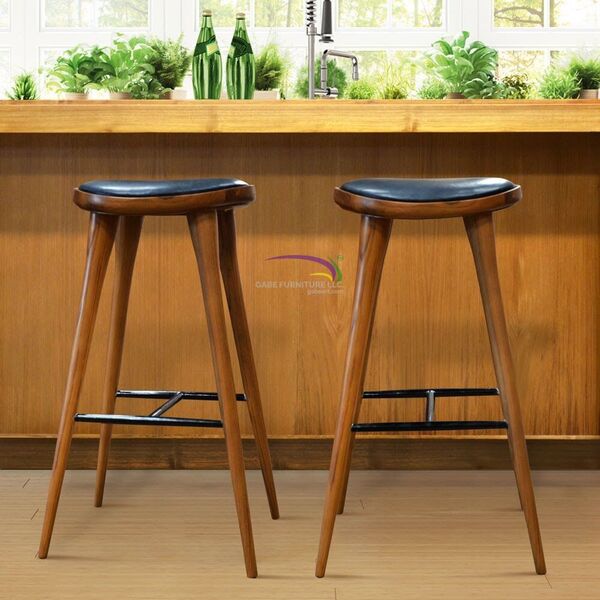 High Barstool Wooden Frame Top With Semi Chrome Black Leather