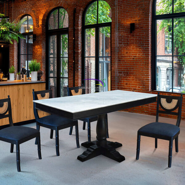 Rectangular Dining Table With Carrara Marble Top & Teak Base