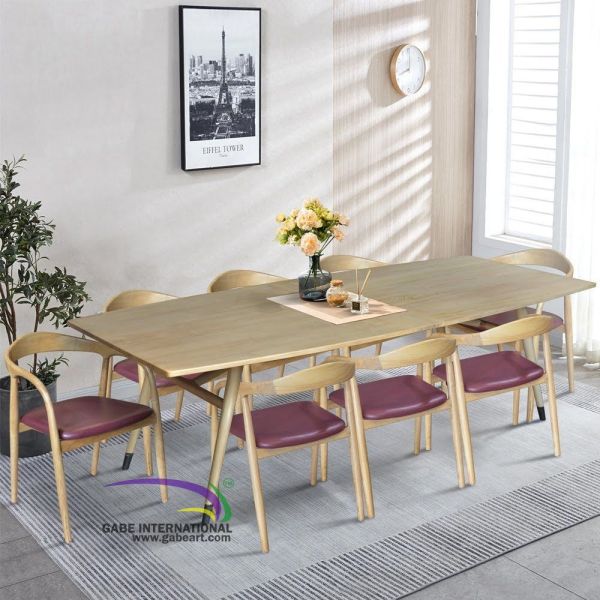 Rounded rectangular teak dining table set with eight dining chairs