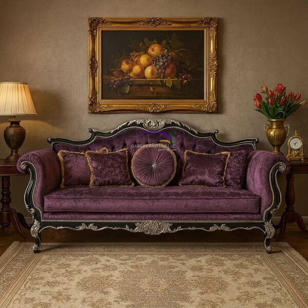 Luxurious Baroque Velvet Sofa With Silver Accents
