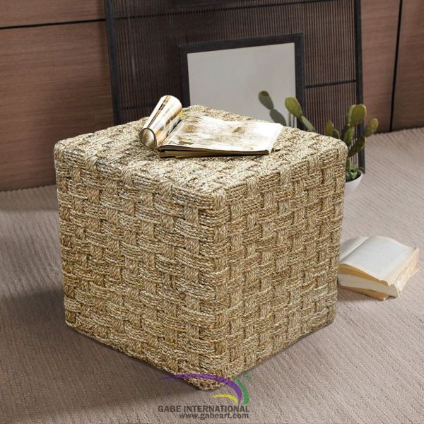 Seagrass woven cube stool solid wood frame
