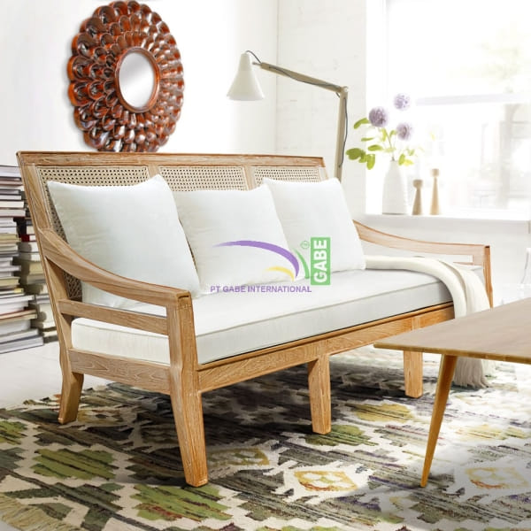 Teak wood sofa raised edge frame rattan wicker seat and backrest