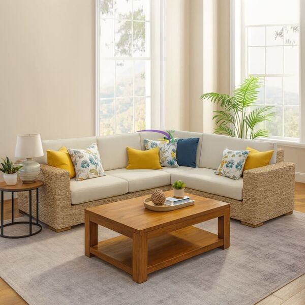Cozy Banana Leaf Woven Corner Sofa With Teak Frame