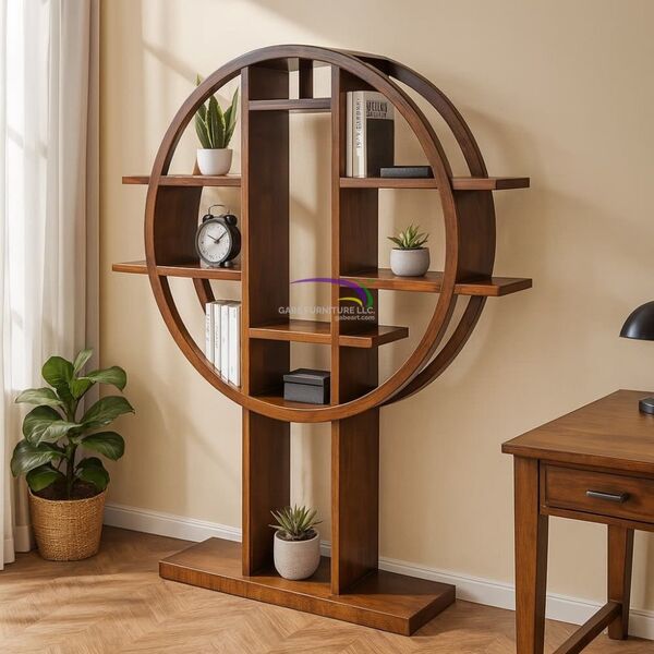 Solid Mahogany Round Book Rack – Freestanding Display Shelf