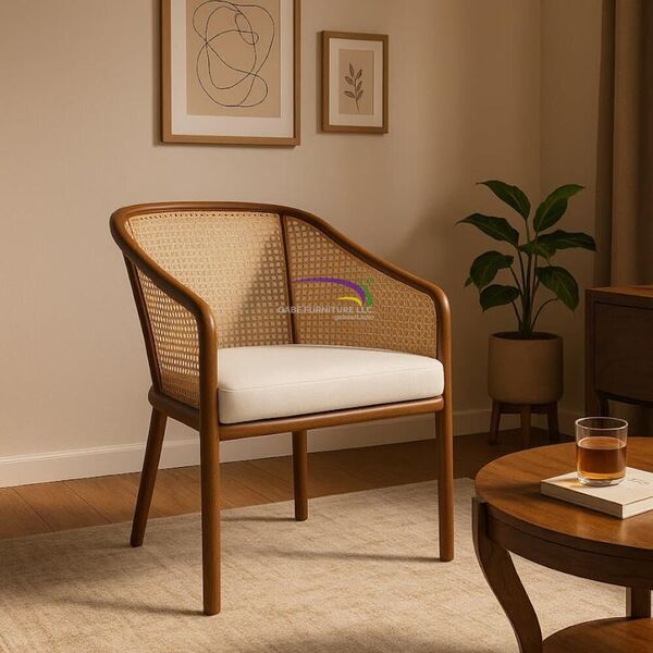 Teak Lounge Chair With Rattan Webbing & Cushion