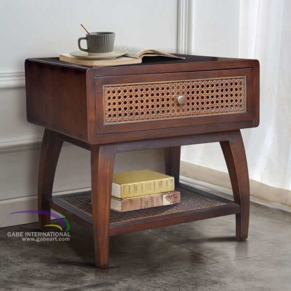 Teak wood caned drawer bedside table