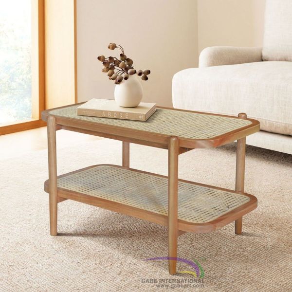 Two tier rattan coffee table midi solid wood frame