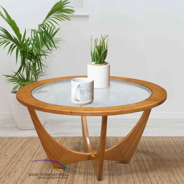 Glass top circular wood table