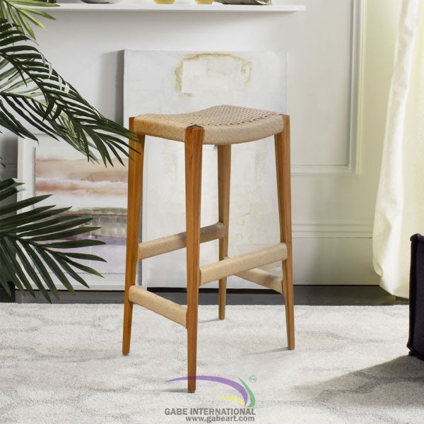 Teak Counter Height Barstool - Loom Weave Saddle Seat